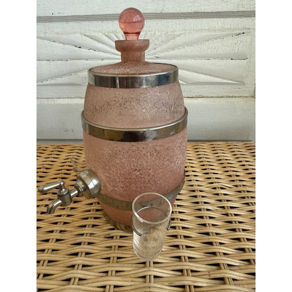 Vintage 40's Czech Pink Frosted Art Glass Barrel Decanter Spigot - Picture 8 of 12